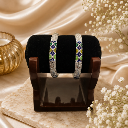 Sterling Silver Blue Green Meenakari Manipuri Bangle Set for Women