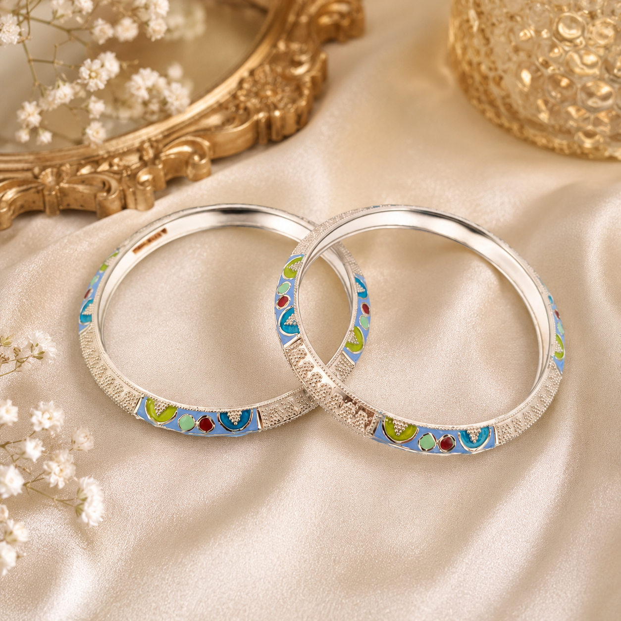 Sterling Silver Sky Blue Meenakari Manipuri Bangle Set for Women