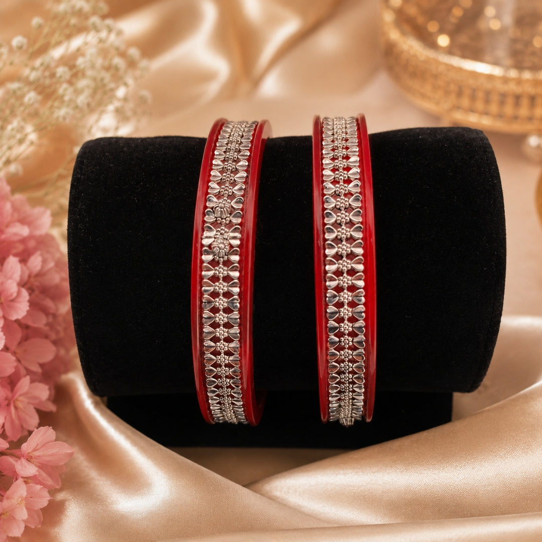 925 Sterling Silver Red Pola Bangle Pair with Floral Band Detailing for Women
