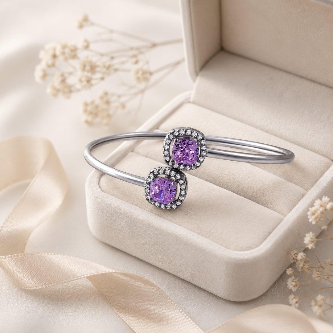 Sterling Silver Open Cuff Bangle with Pink Cushion Cubic Zirconia Halo Stones for Women & Girls