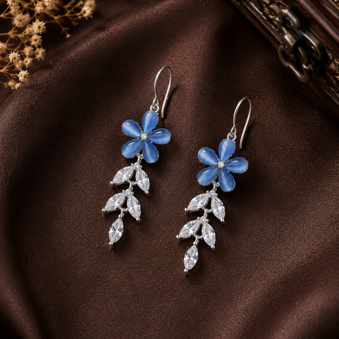 Sterling Silver Blue Floral CZ Leaf Dangler Earrings for Women