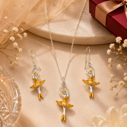 Sterling Silver Two Tone Dancing Doll Pendant with Chain and Earrings Set Women And Girls