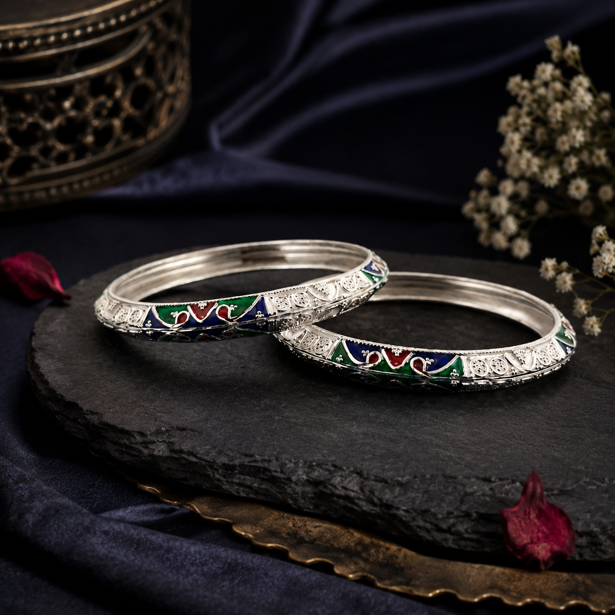 Sterling Silver Manipuri Meenakari Floral Bangle Set for Women