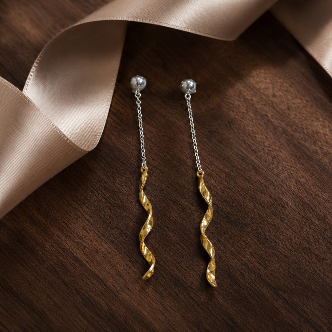 Sterling Silver Chain Drop Dual Tone Spiral Earrings for Women and Girls