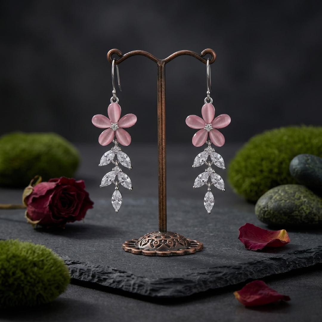 Sterling Silver Pink Floral CZ Leaf Dangler Earrings for Women