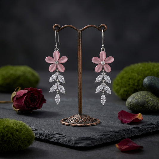 Sterling Silver Pink Floral CZ Leaf Dangler Earrings for Women