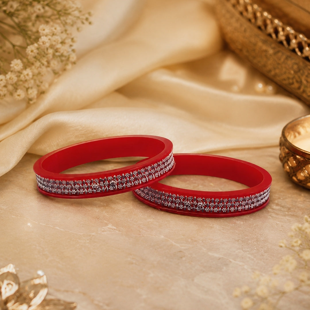 925 Sterling Silver Red Pola Bangle Pair with Traditional Motif Detailing for Women