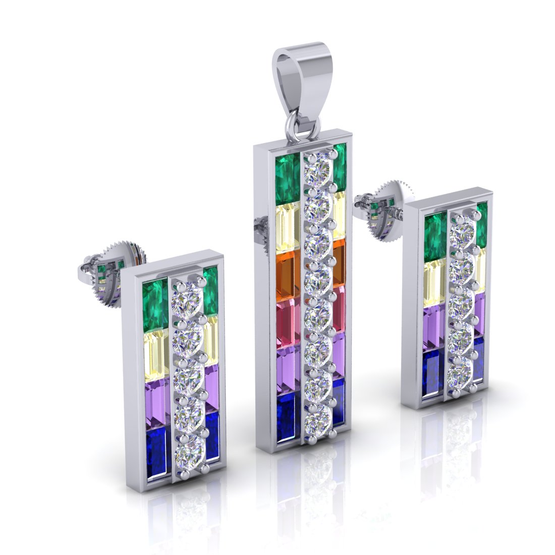 Sterling Silver Multicolor Stone Studded Pendant With Earrings Set for Women and Girls (Without Chain)