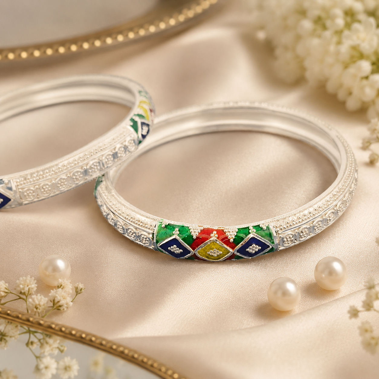 Sterling Silver Geometric Meenakari Manipuri Bangle Set for Women