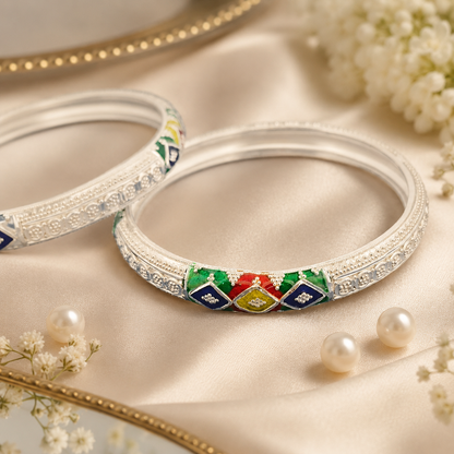 Sterling Silver Geometric Meenakari Manipuri Bangle Set for Women