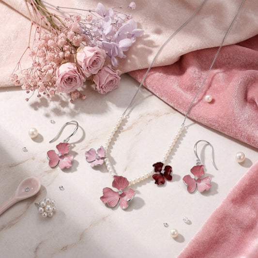 Sterling Silver Pink Floral Chain Pendant with Earrings Set for Women