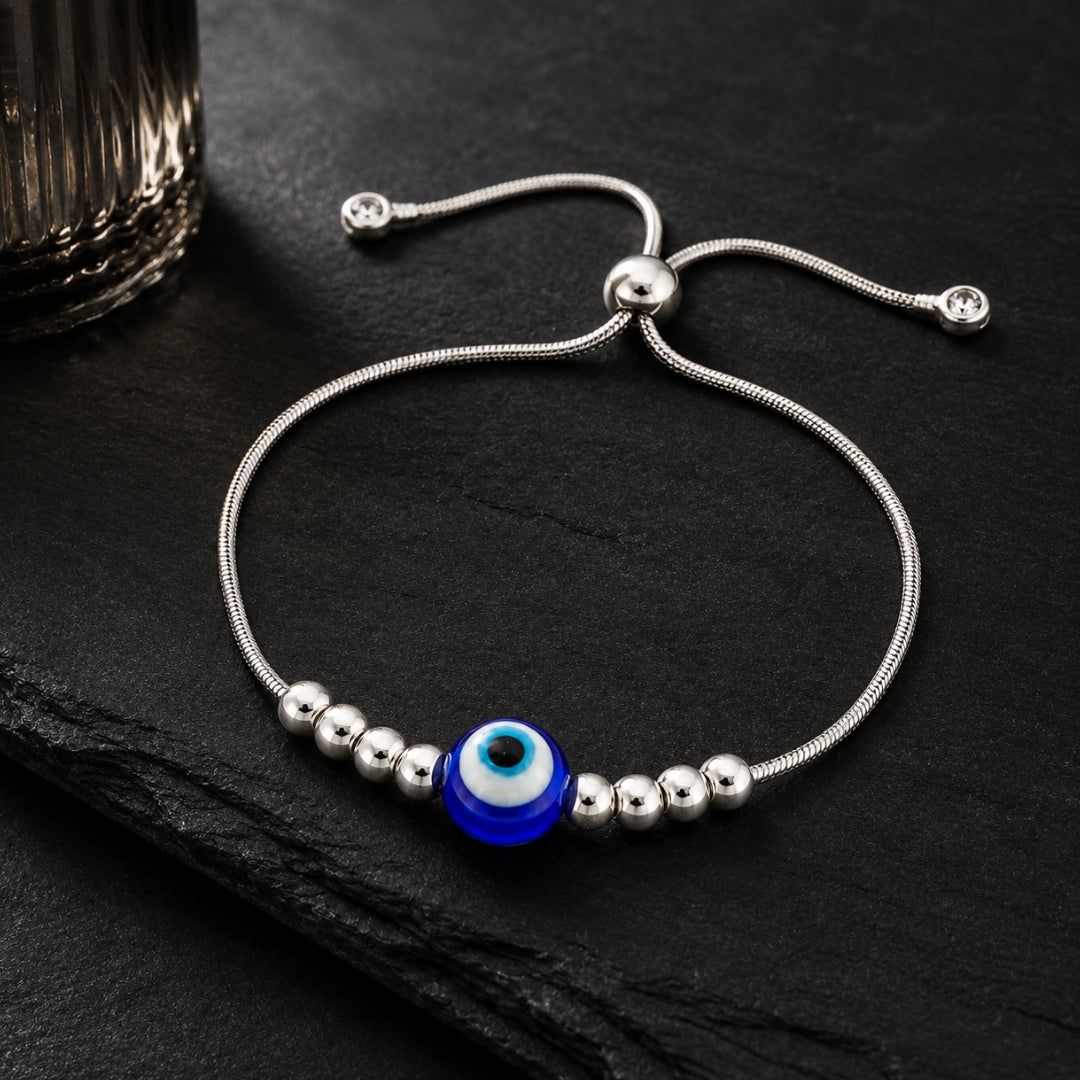 925 Sterling Silver Blue Evil Eye Minimal Bead Adjustable Wristlet for Women