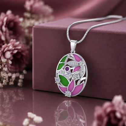 Sterling Silver Meenakari Floral Chain Pendant with Cubic Zirconia for Women and Girls