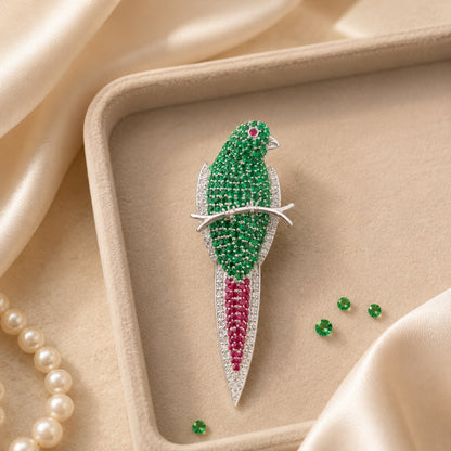 Sterling Silver Green Stone Studded Bird Brooch Cum Pendant for Men and Women