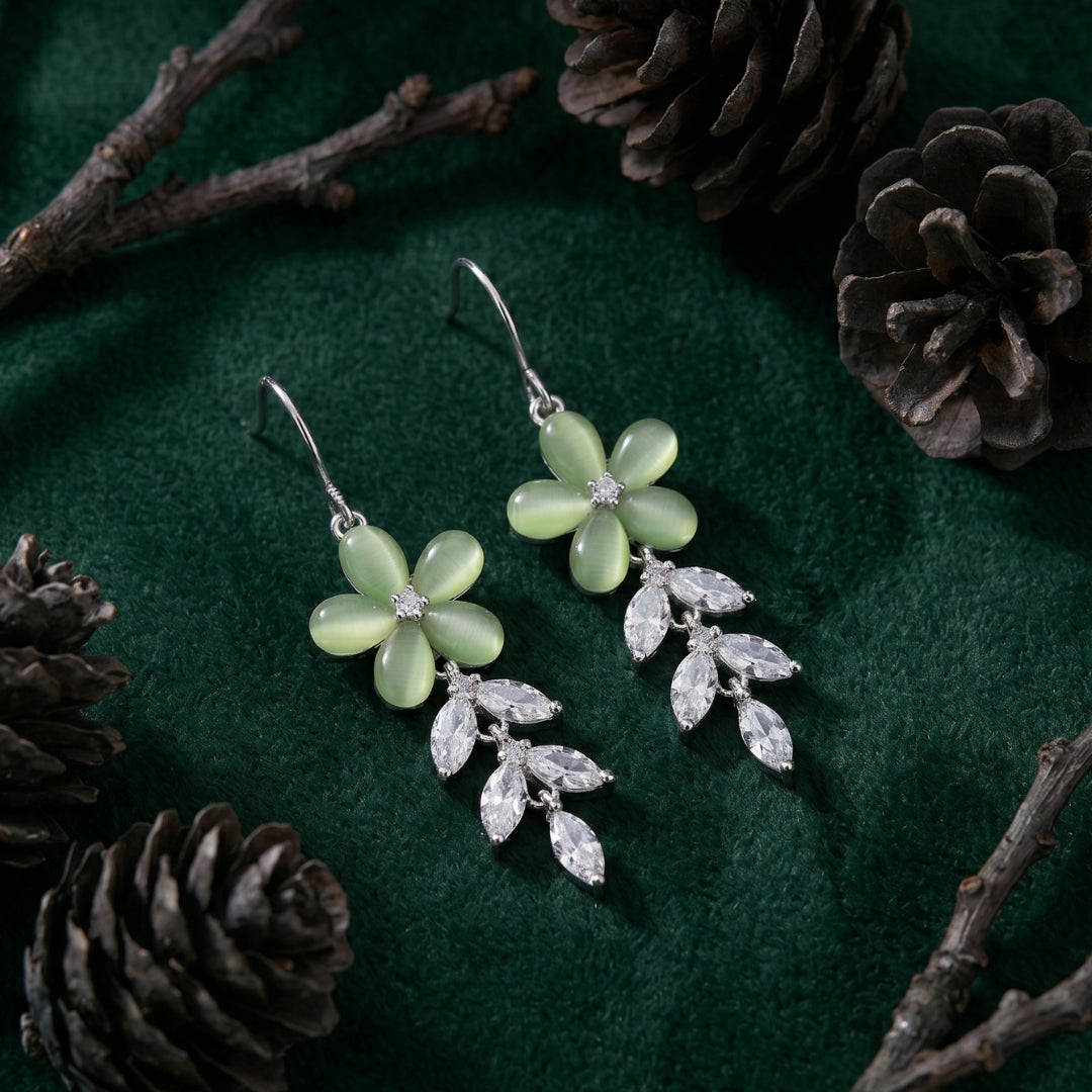 Sterling Silver Green Floral CZ Leaf Dangler Earrings for Women