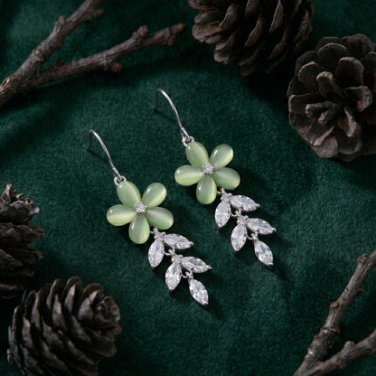 Sterling Silver Green Floral CZ Leaf Dangler Earrings for Women