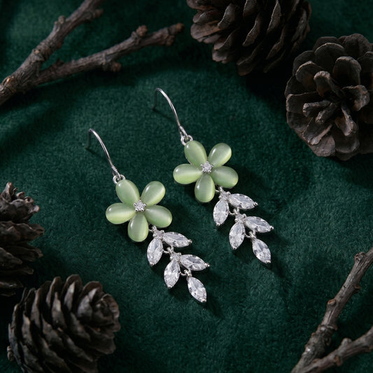 Sterling Silver Green Floral CZ Leaf Dangler Earrings for Women