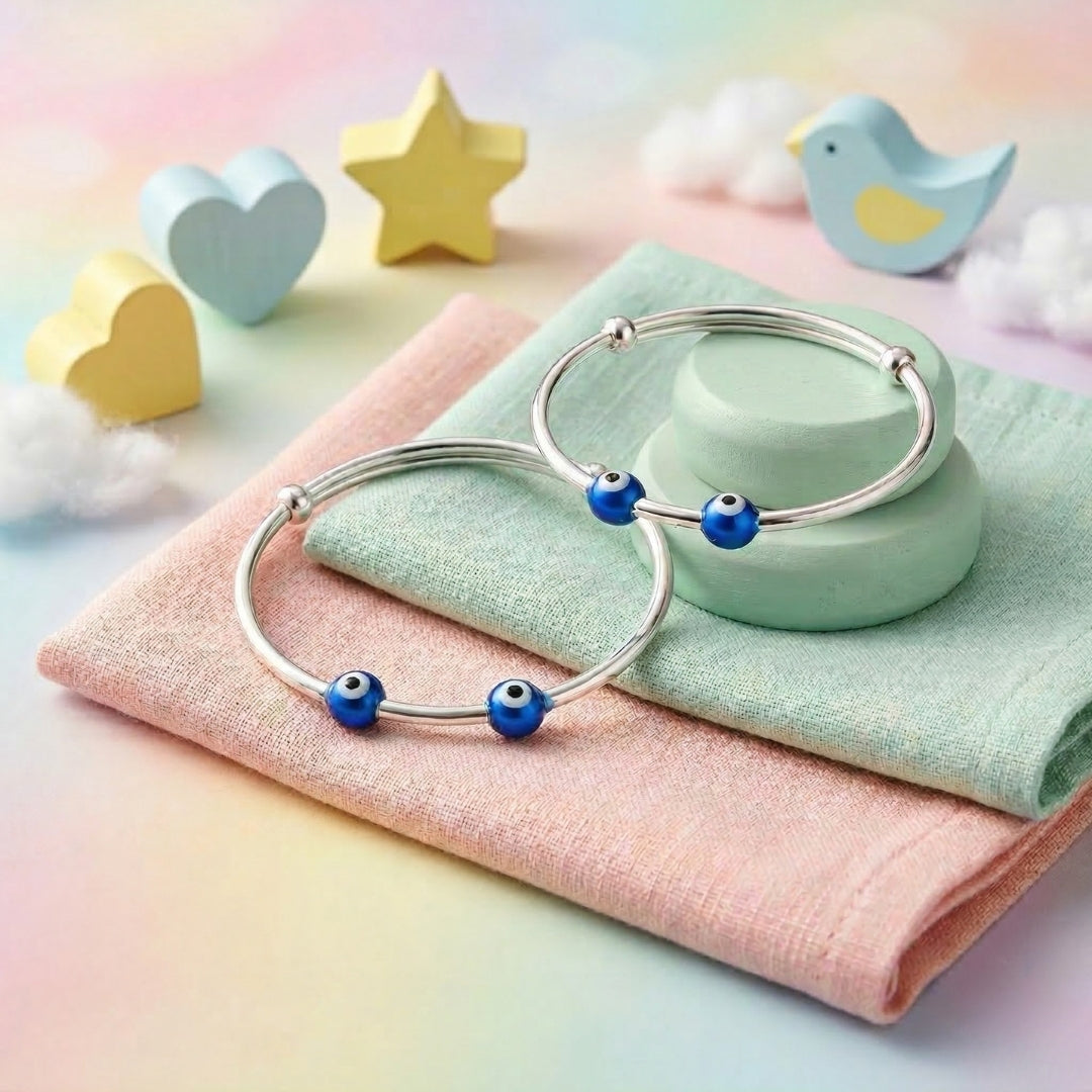 Sterling Silver Kids Adjustable Dual Evil Eye Nazariya Bangle