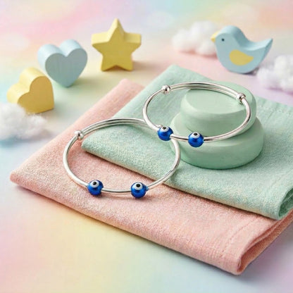 Sterling Silver Kids Adjustable Dual Evil Eye Nazariya Bangle