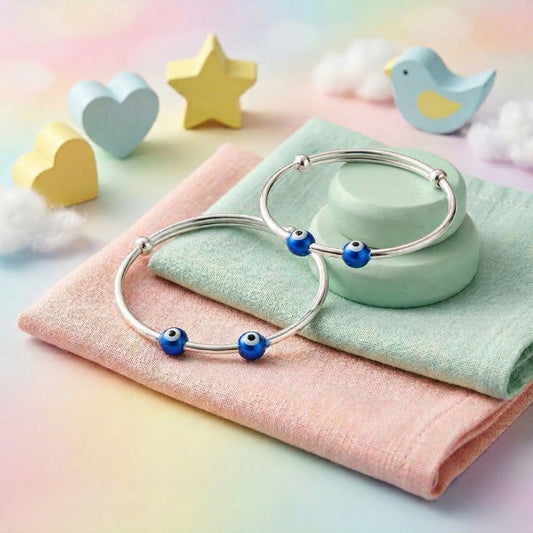 Sterling Silver Kids Adjustable Dual Evil Eye Nazariya Bangle