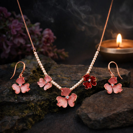 Sterling Silver Rosegold Plated Pink Floral Chain Pendant with Earrings Set for Women