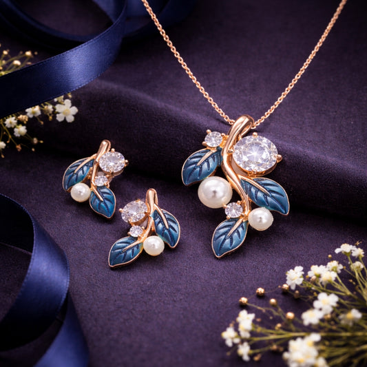 Sterling Silver RoseGold Plated Leaf Chain Pendant with Earrings Set for Women