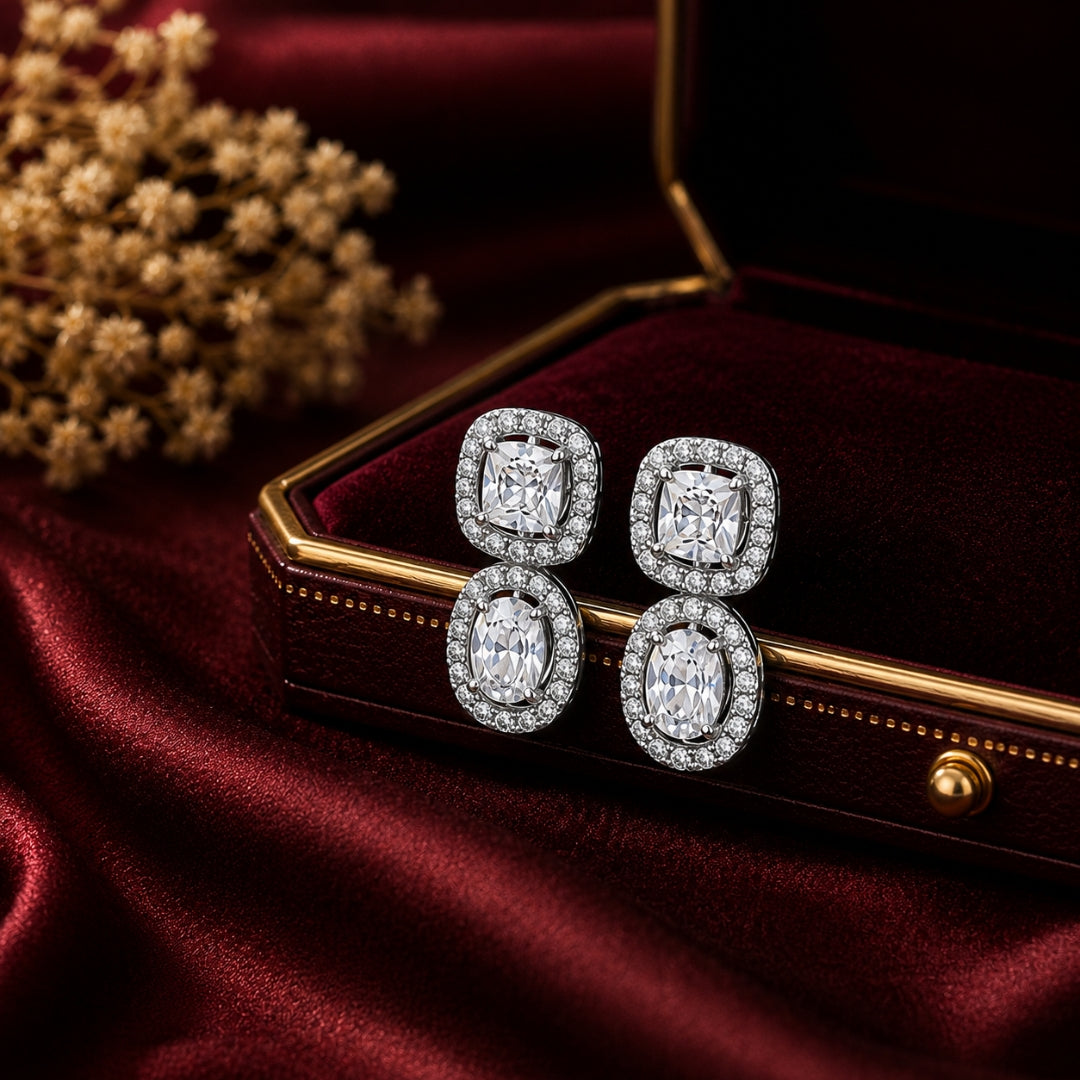 Sterling Silver Cushion & Oval CZ Halo Drop Earrings for Women