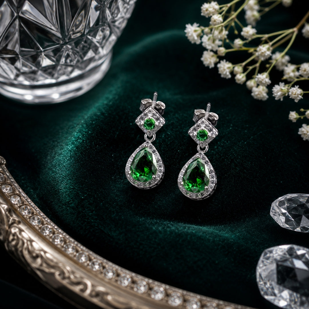 Sterling Silver Green Teardrop Stone Drop Earrings for Women and Girls