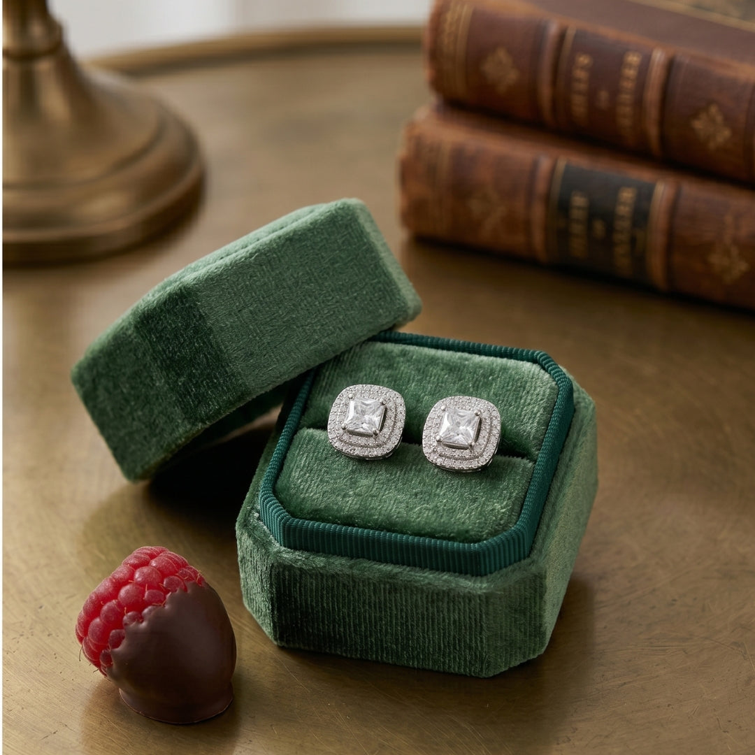 Sterling Silver Square Halo Stud Earrings for Women