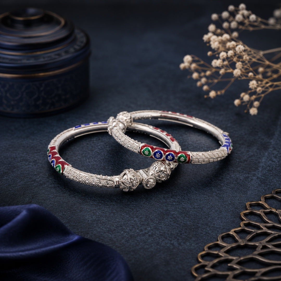 Sterling Silver Red and Blue Manipuri Bangle for Women