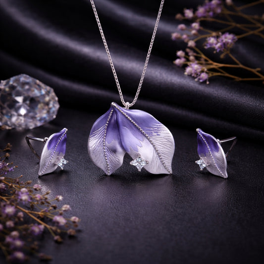 Sterling Silver Lavender Leaf Pendant with Earrings Set for Women