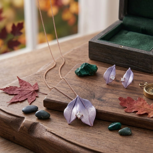 Sterling Silver Rose Gold Plated Lavender Leaf Pendant with Earrings Set for Women