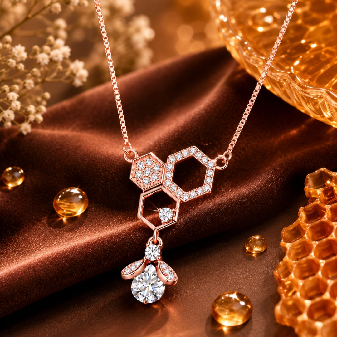 Sterling Silver Rose Gold Plated Bee Hanging Hive Pendant With Chain For Women & Girls