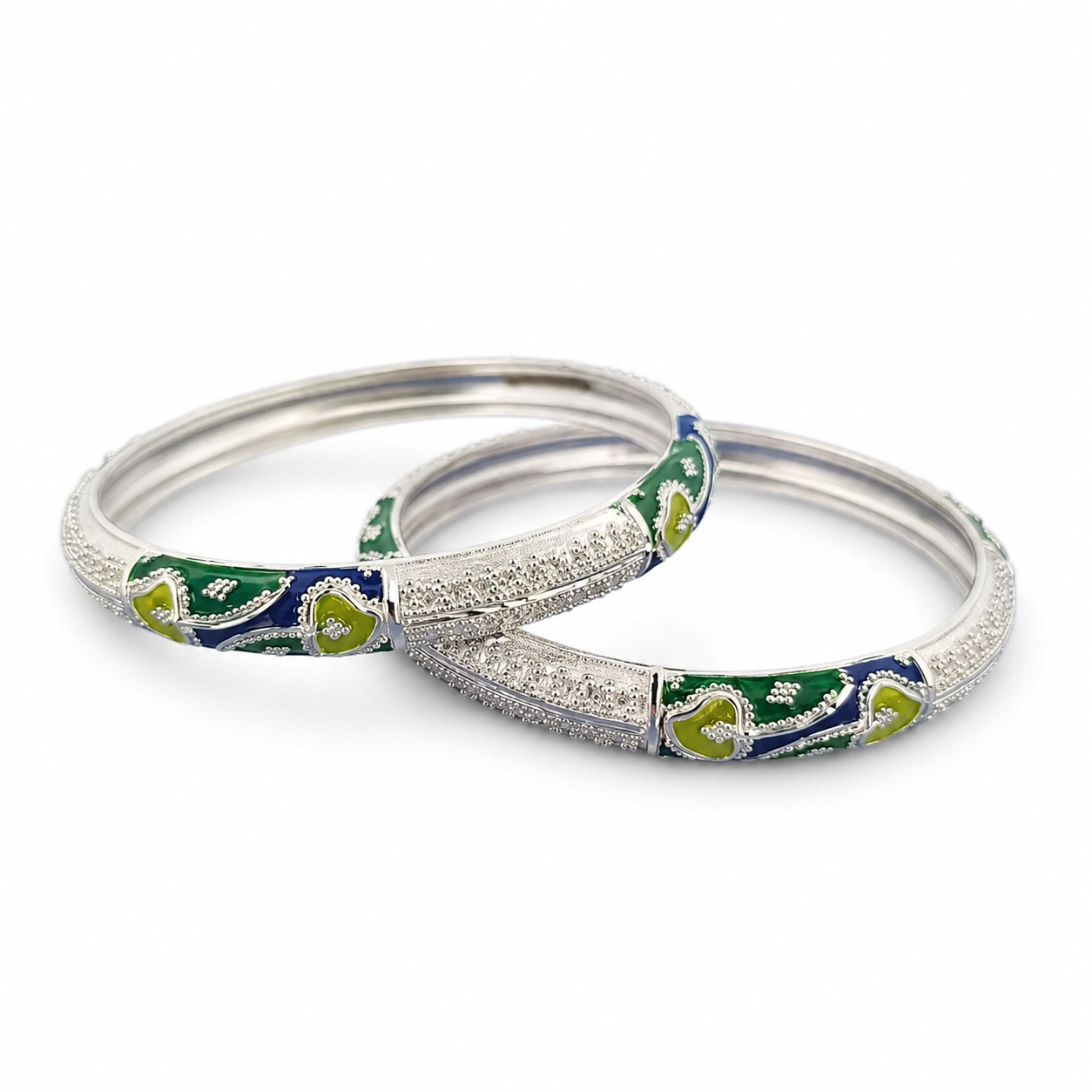 Sterling Silver Green Blue Vine Meenakari Manipuri Bangle Set for Women