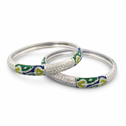 Sterling Silver Green Blue Vine Meenakari Manipuri Bangle Set for Women
