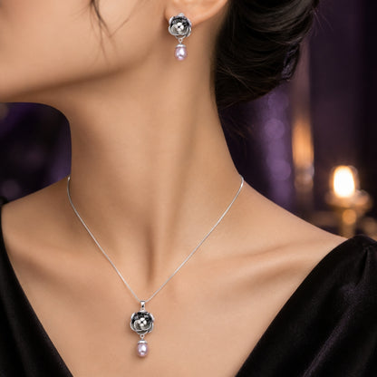 Sterling Silver Floral Pearl Drop Chain Pendant and Earrings Set for Women & Girls