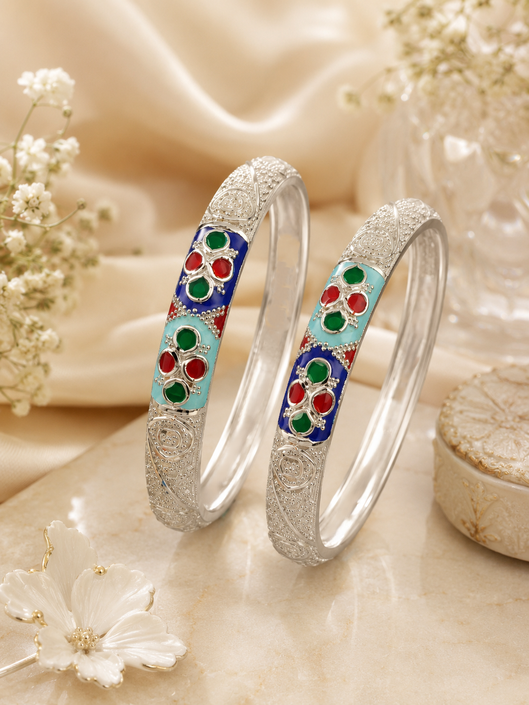 Sterling Silver Sky Blue Floral Meenakari Manipuri Bangle Set for Women