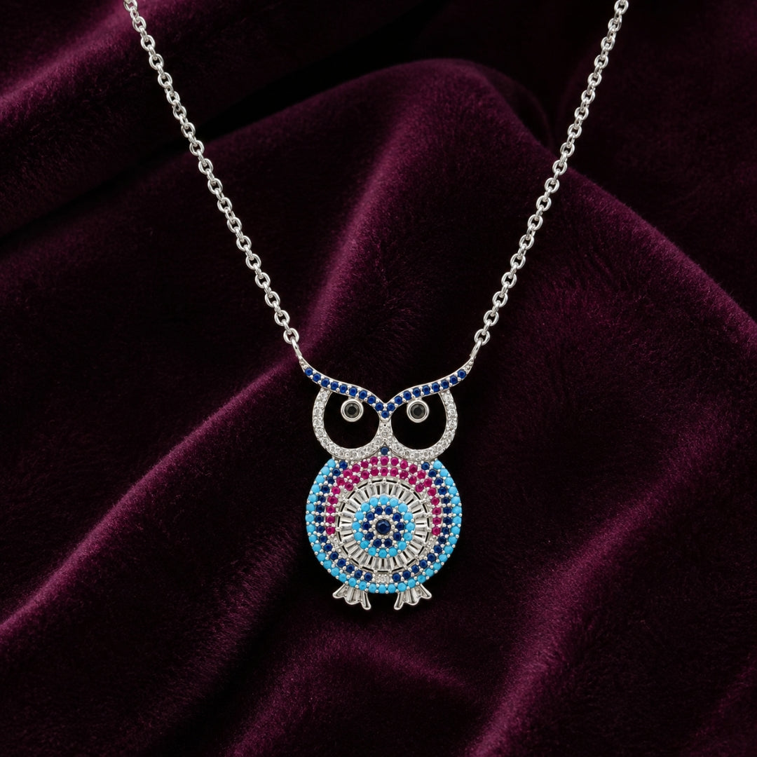 Sterling Silver Multi Colour Big Owl Chain Pendant for Women