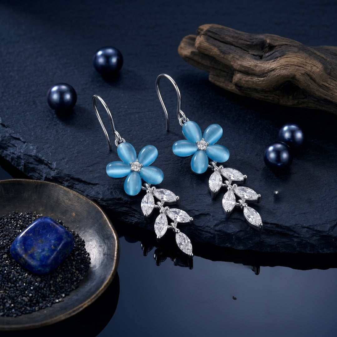 Sterling Silver Persian Blue Floral CZ Leaf Dangler Earrings for Women