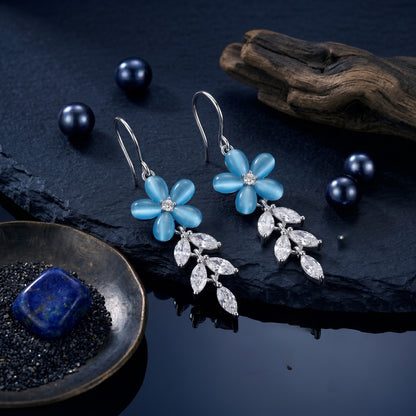Sterling Silver Persian Blue Floral CZ Leaf Dangler Earrings for Women
