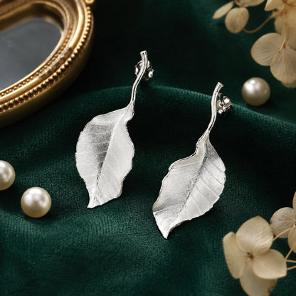 Sterling Silver Textured Leaf Drop Earrings For Women and Girls