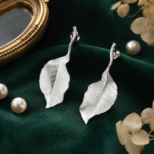 Sterling Silver Textured Leaf Drop Earrings For Women and Girls
