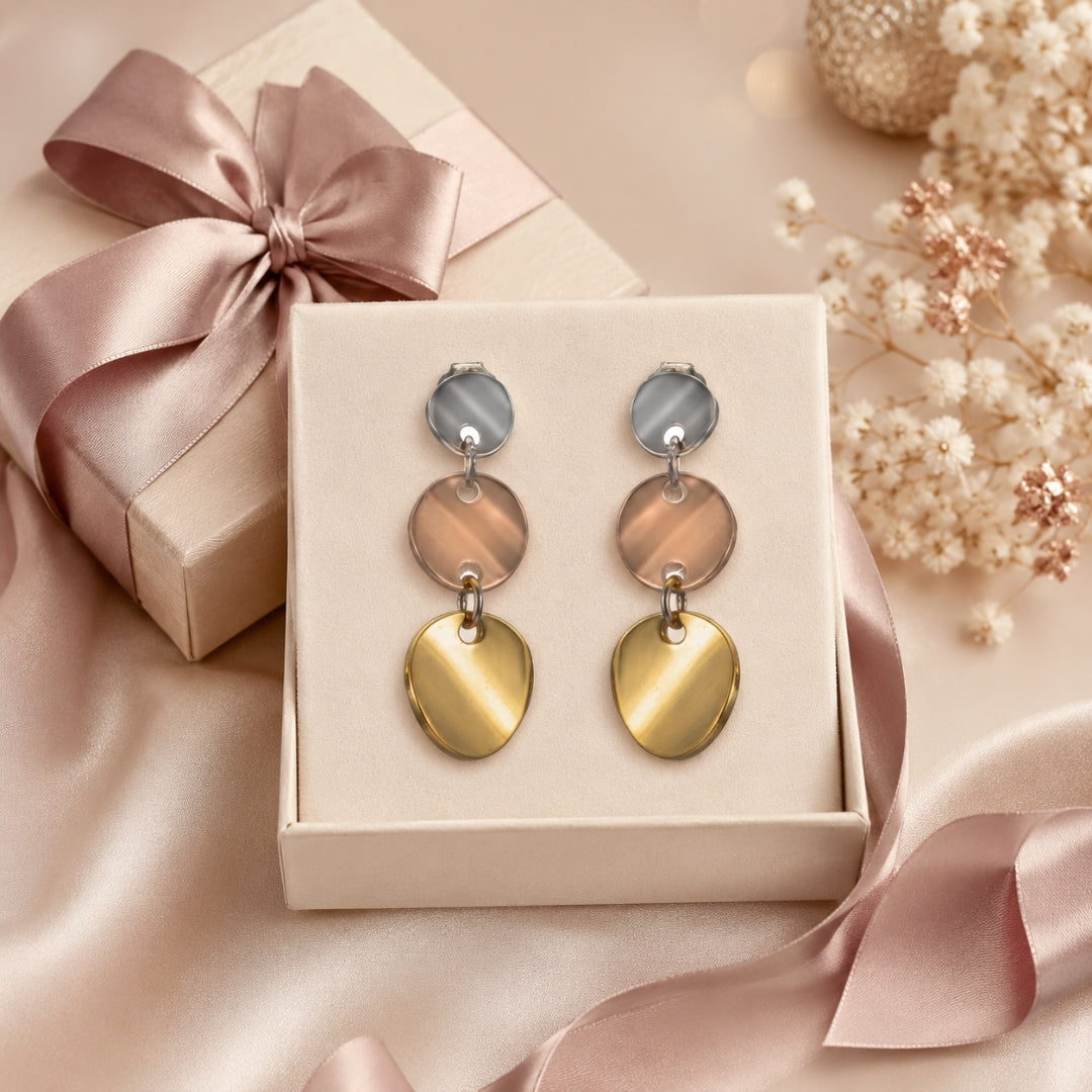 Sterling Silver Triple Tone Round Disc Dangle Earrings for Women and Girls