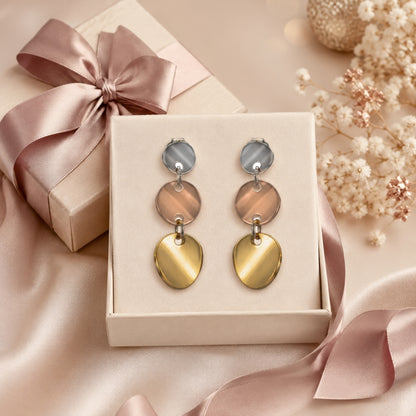 Sterling Silver Triple Tone Round Disc Dangle Earrings for Women and Girls