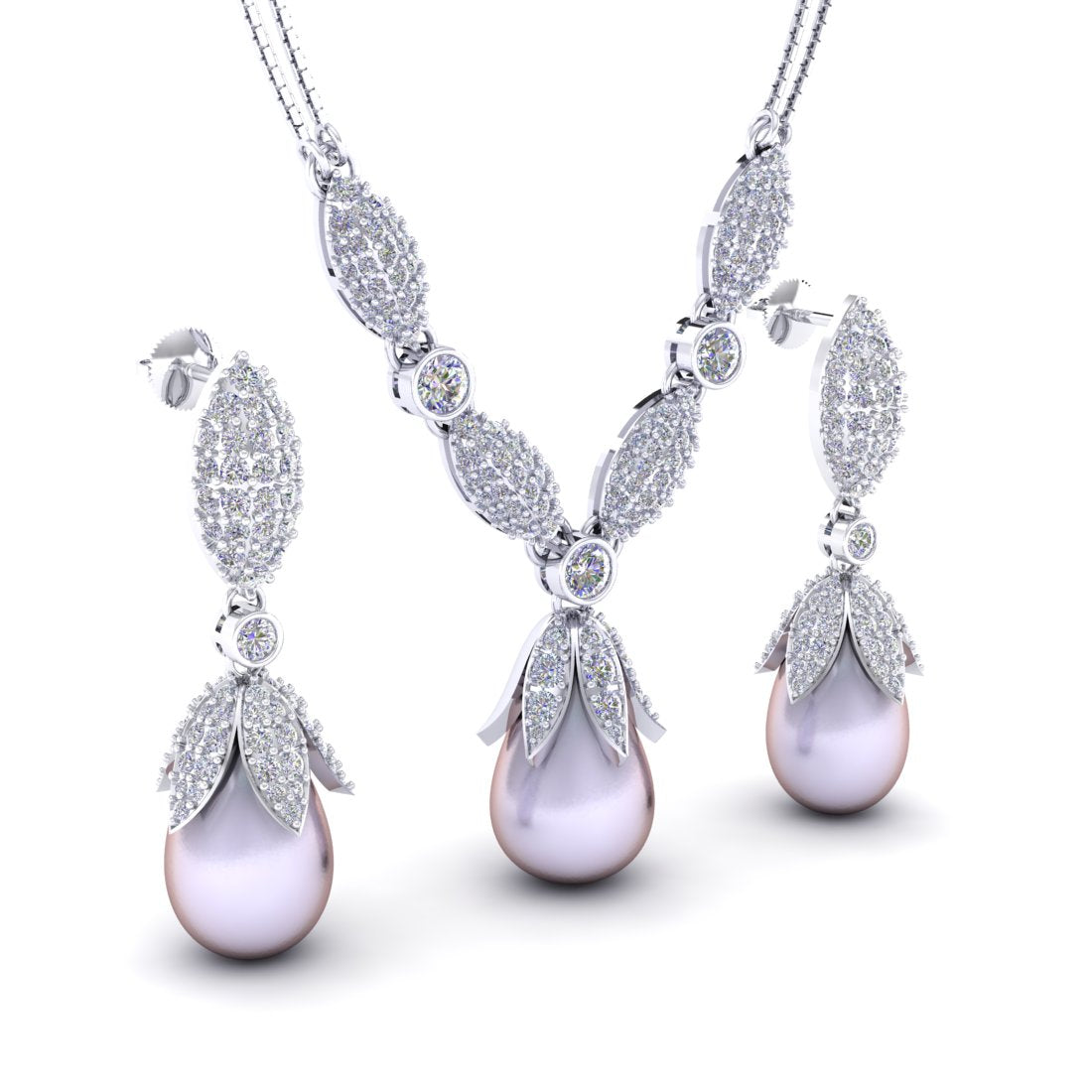 Sterling Silver Floral buds pearl chain pendant with earrings set for women and girls