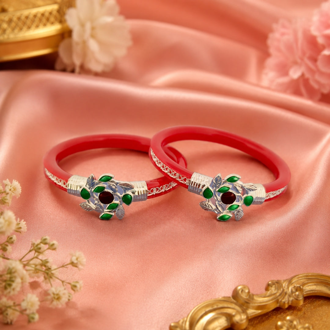 925 Sterling Silver Red Pola Bangle Pair with Green Leaf Motif for Women