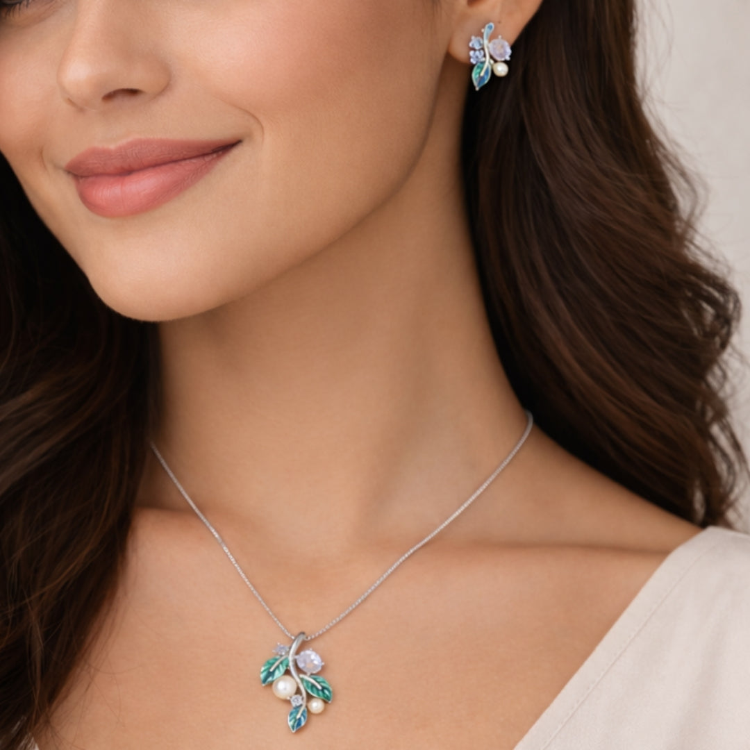 Sterling Silver Leaf Chain Pendant with Earrings Set for Women