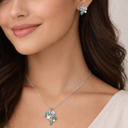 Sterling Silver Leaf Chain Pendant with Earrings Set for Women