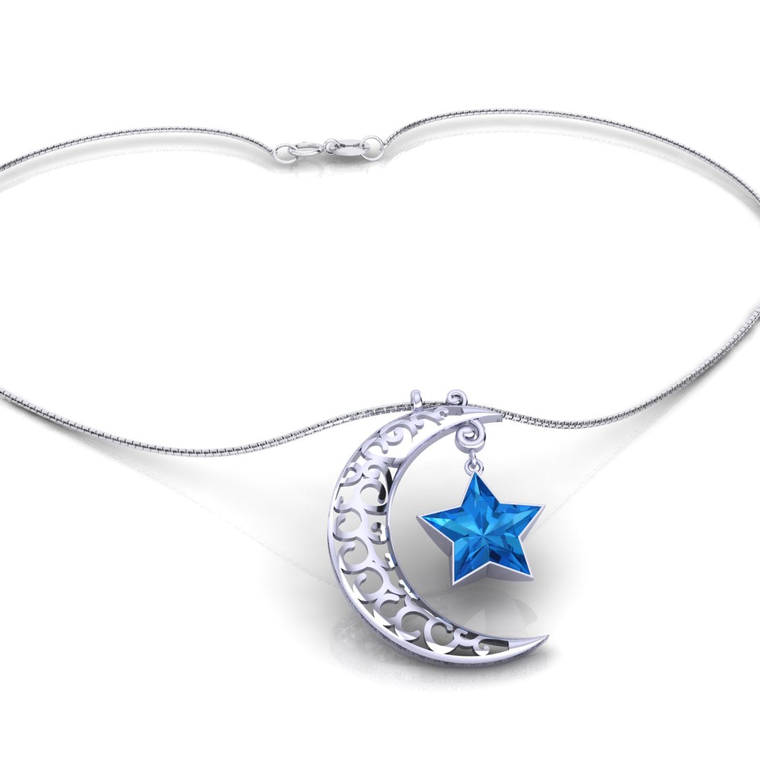 Sterling Silver Shining Moon Blue Star Pendant with Chain for Women and Girls
