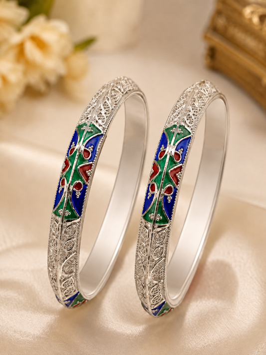 Sterling Silver Manipuri Meenakari Floral Bangle Set for Women